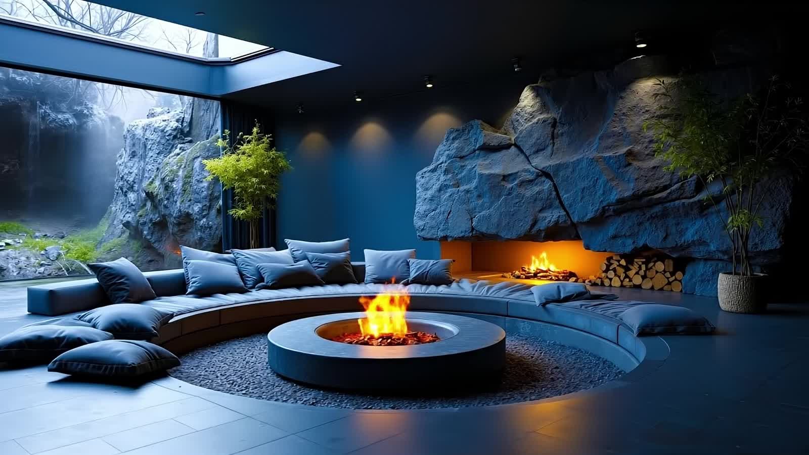 A sculptural contemporary interior with a fireplace and garden views