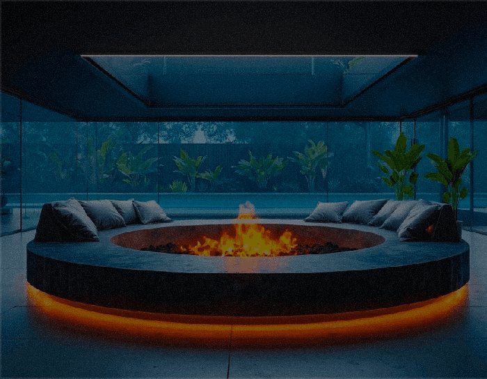 A sculptural lounge with a circular fireplace