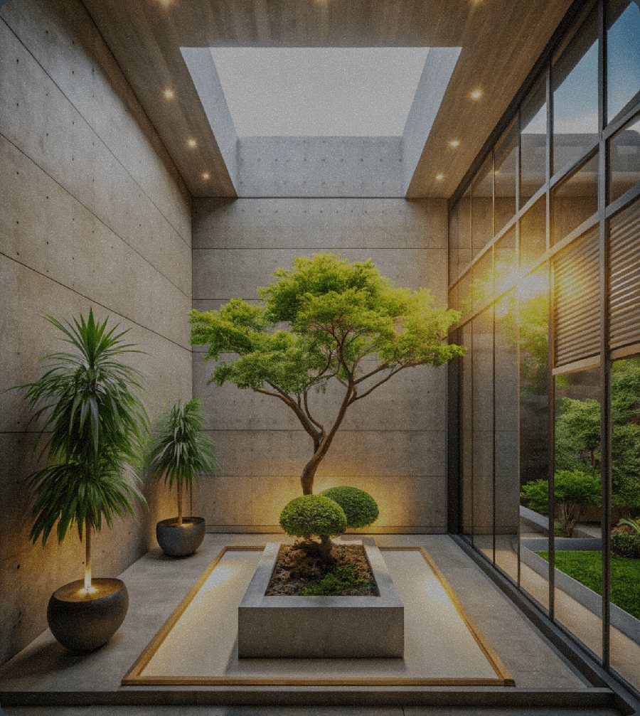 Natural materials and greenery in a light-filled interior
